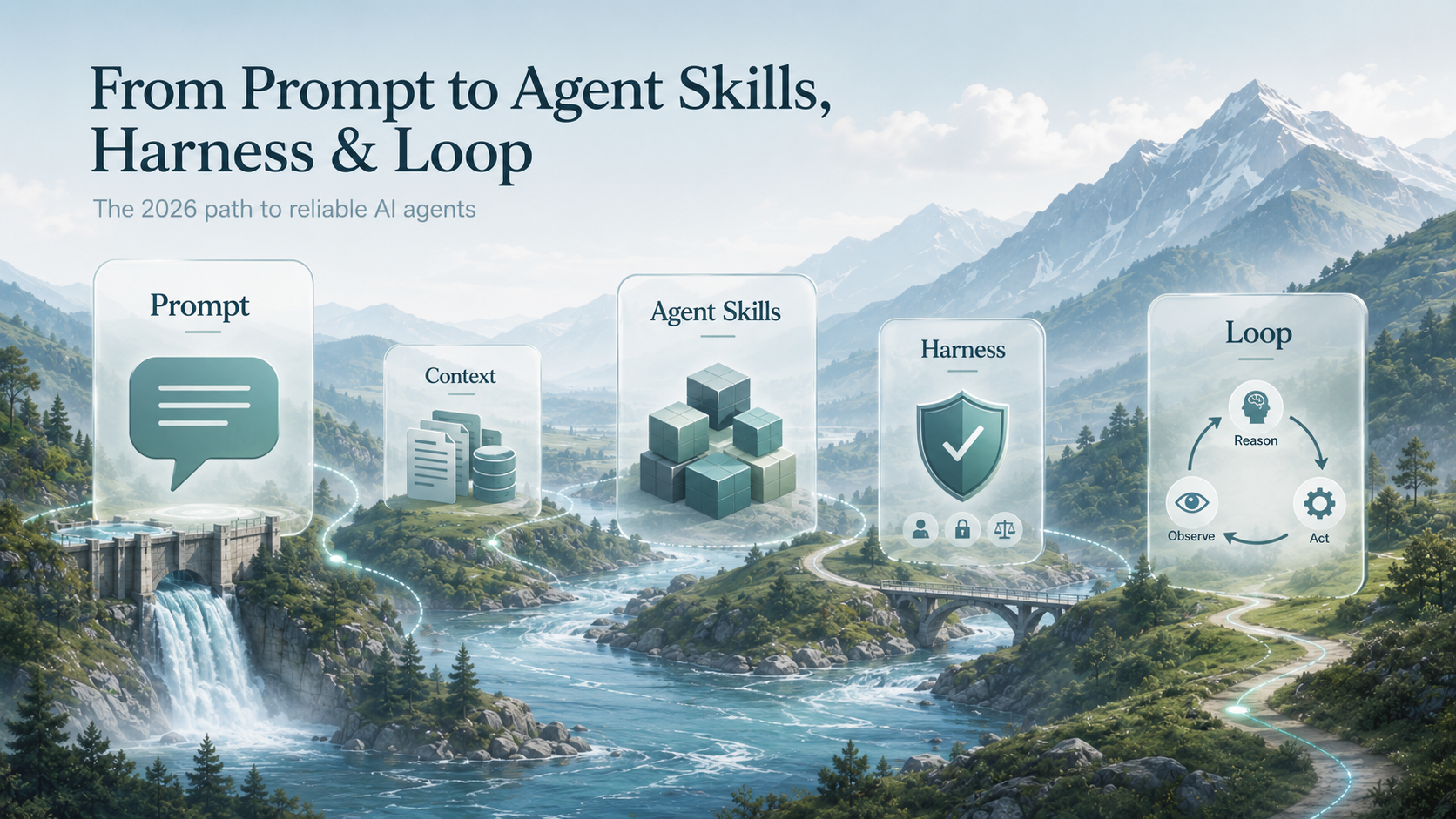 Conceptual illustration of AI agents evolving from prompts to skills, harnesses, and loops