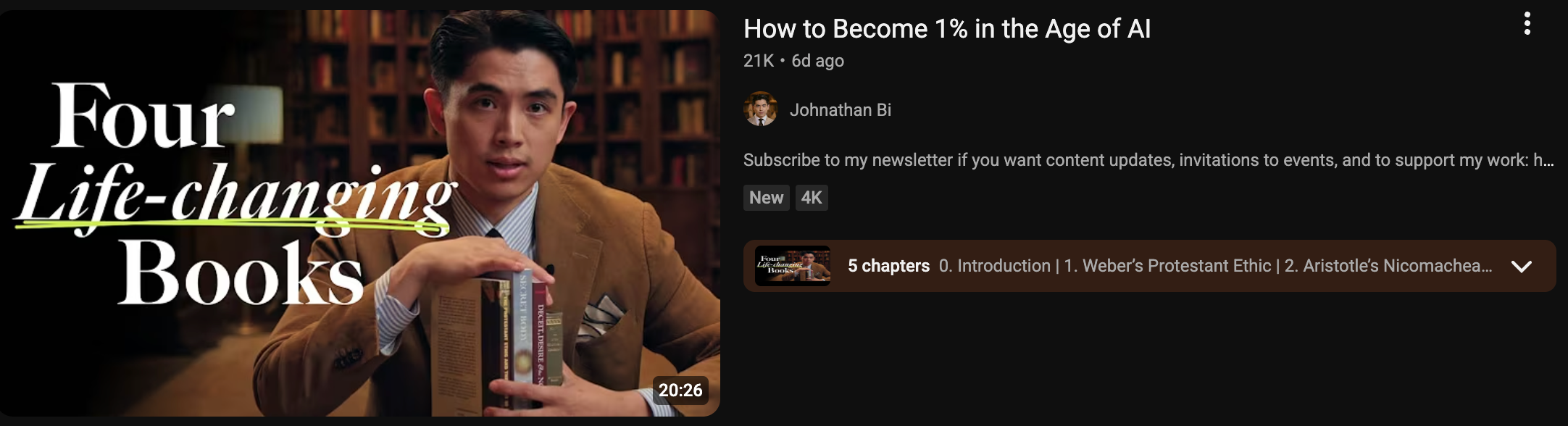 YouTube screenshot for the video How to Become 1% in the Age of AI