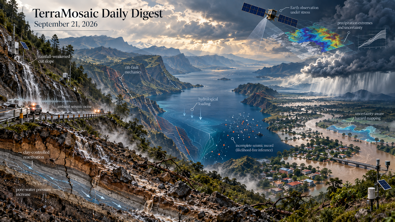 Illustrated September 21, 2026 digest cover showing rainfall-weakened slopes, rift-fault mechanics, seismic monitoring, flood hazards and satellite Earth observation.