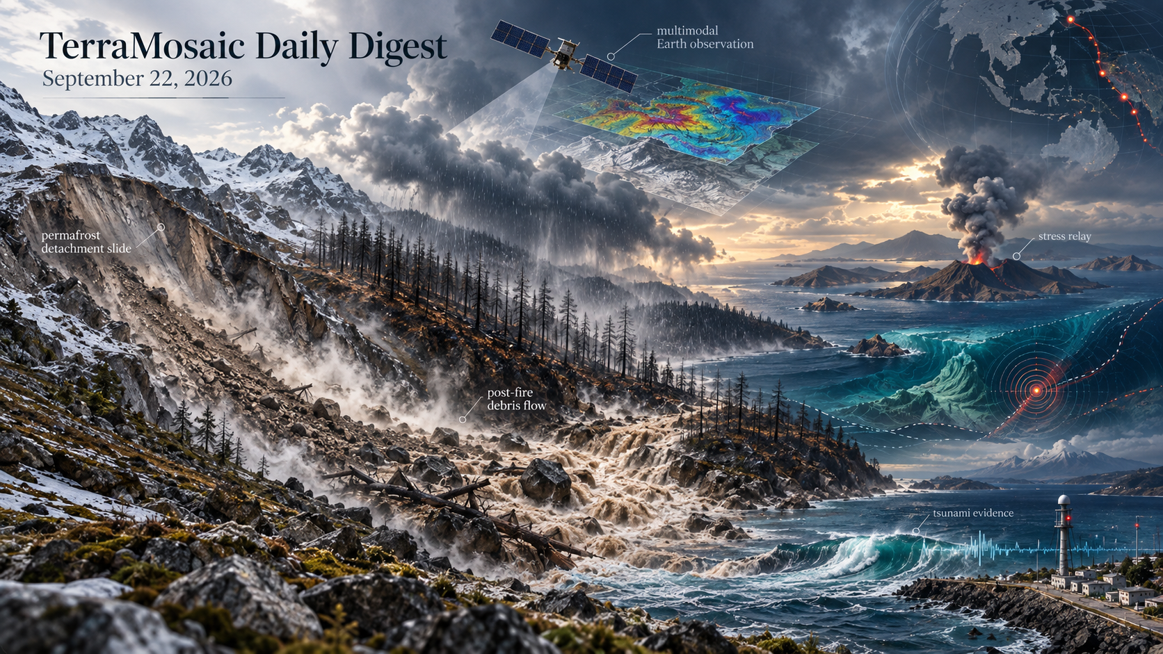 Illustrated September 22, 2026 digest cover showing permafrost detachment slides, post-fire debris flows, volcanic stress relay, tsunami evidence and satellite Earth observation.