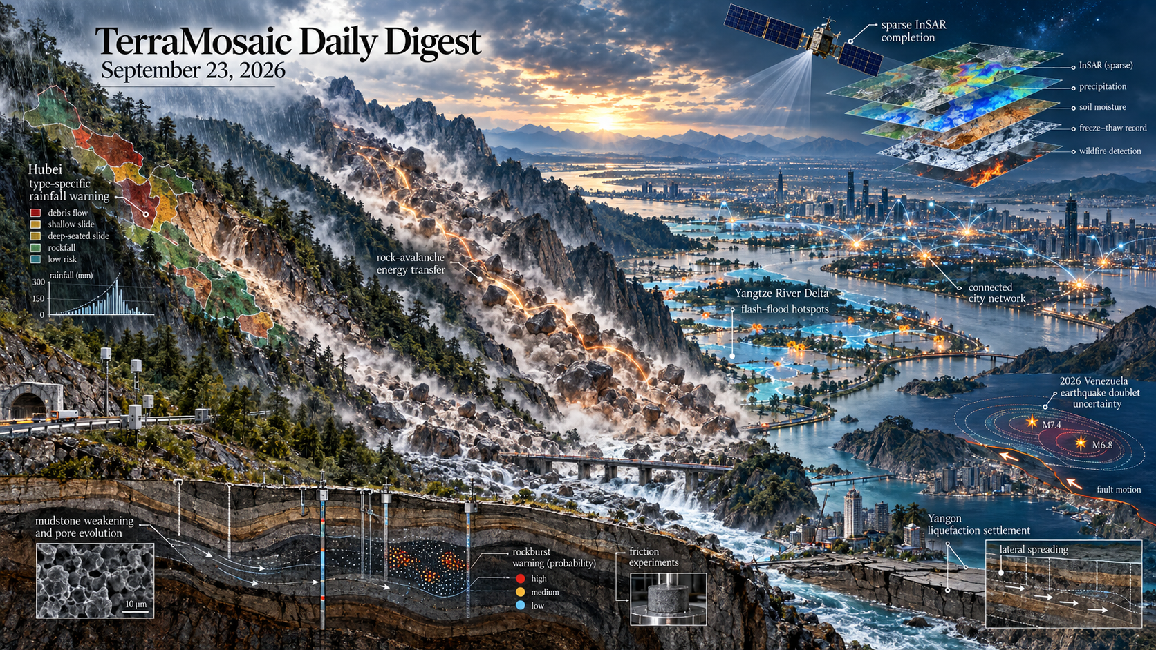 Illustrated September 23, 2026 digest cover showing rainfall warnings, rock avalanches, urban flooding, earthquake hazards and satellite InSAR observations.