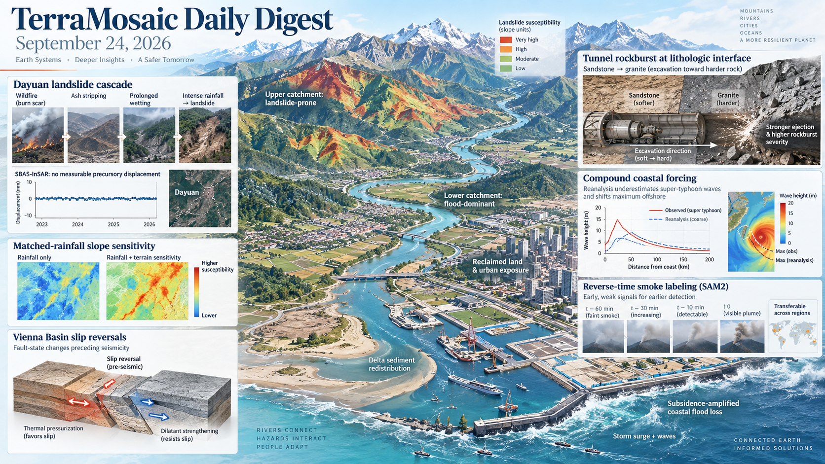 Illustrated September 24, 2026 digest cover showing landslide cascades, slope susceptibility, fault slip, tunnel rockbursts and coastal flood hazards.