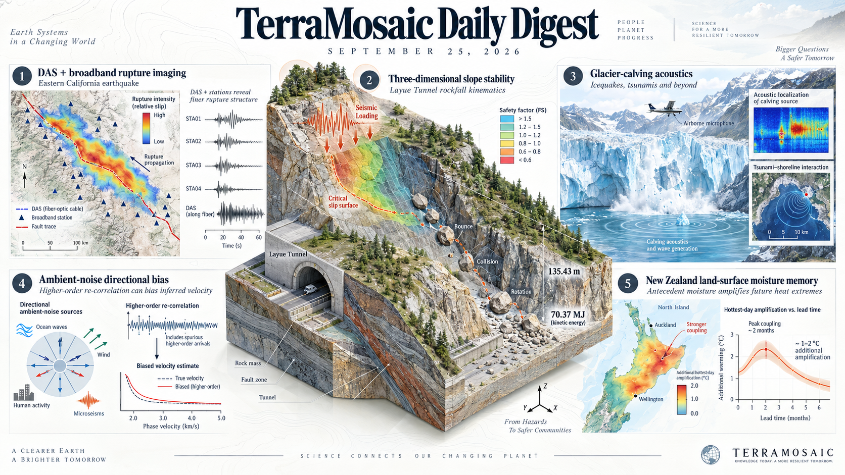 Illustrated September 25, 2026 digest cover showing earthquake rupture imaging, three-dimensional slope stability, glacier-calving acoustics, ambient seismic noise and land-surface moisture.