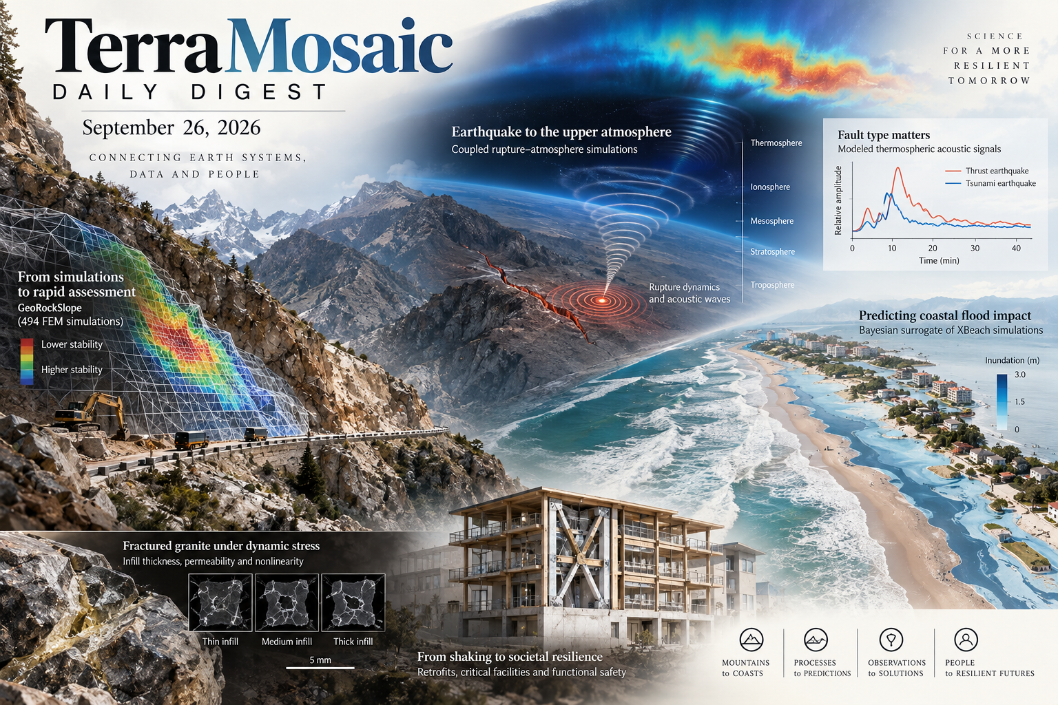 Illustrated September 26, 2026 digest cover showing earthquake-atmosphere coupling, rock-slope stability, coastal flood modeling, fractured granite and community resilience.