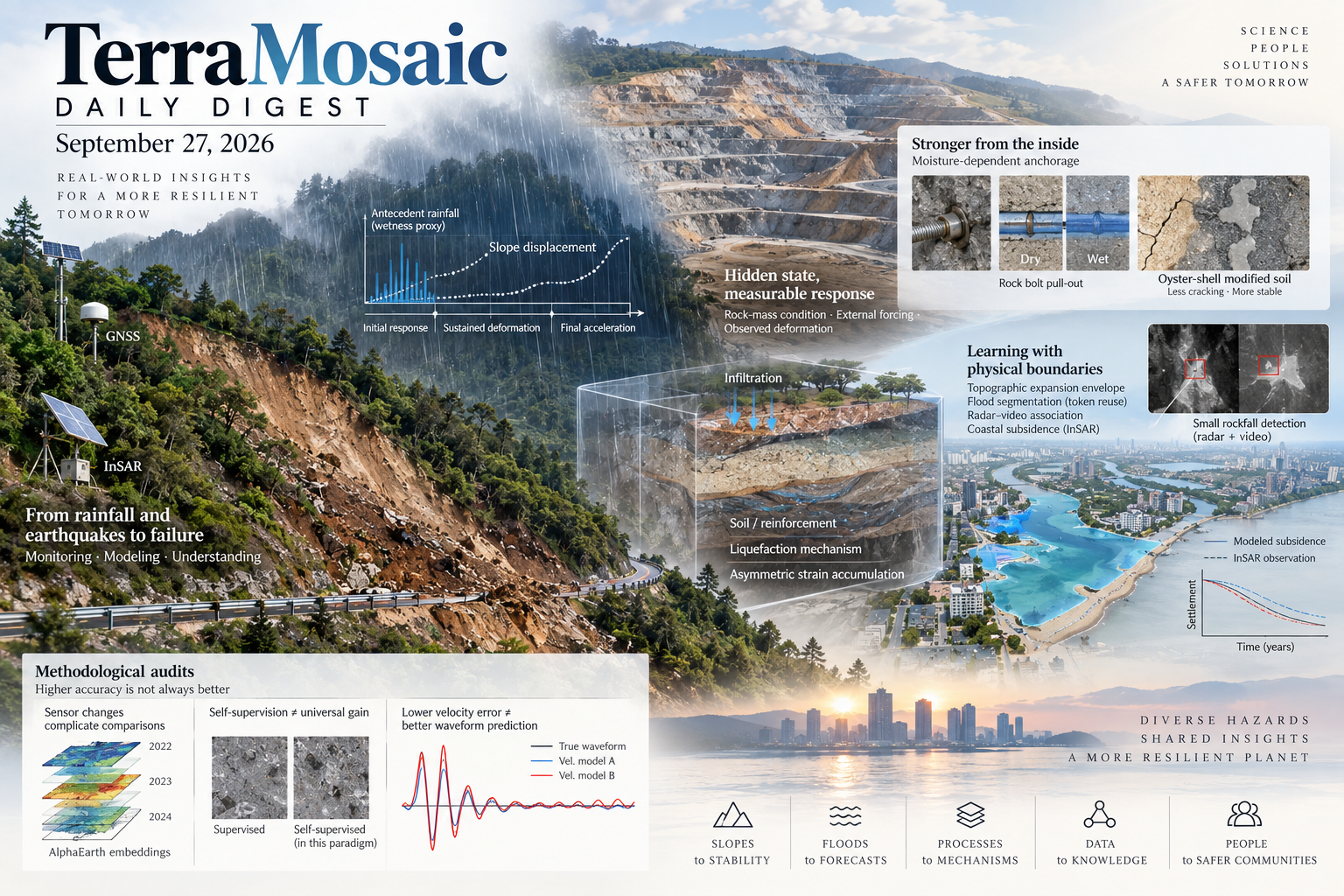 Illustrated September 27, 2026 digest cover showing rainfall-driven slope deformation, GNSS and InSAR monitoring, soil reinforcement, rockfall detection and coastal subsidence.