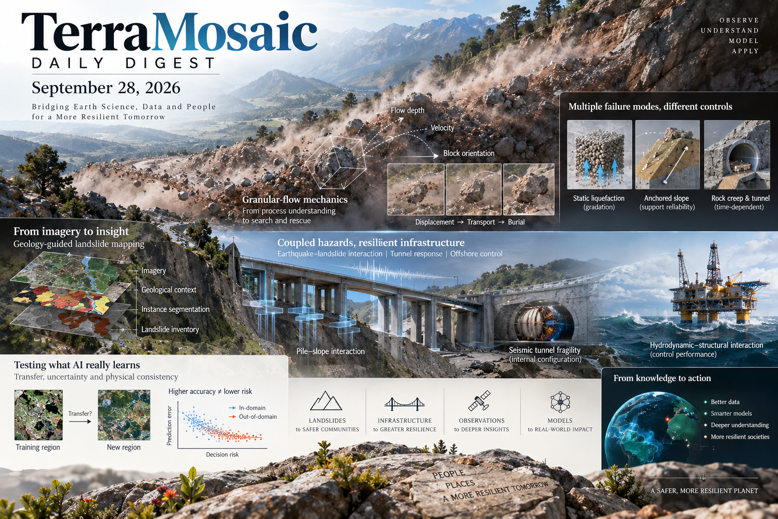 Illustrated September 28, 2026 digest cover showing granular-flow mechanics, geology-guided landslide mapping, slope failure modes, infrastructure resilience and AI model evaluation.