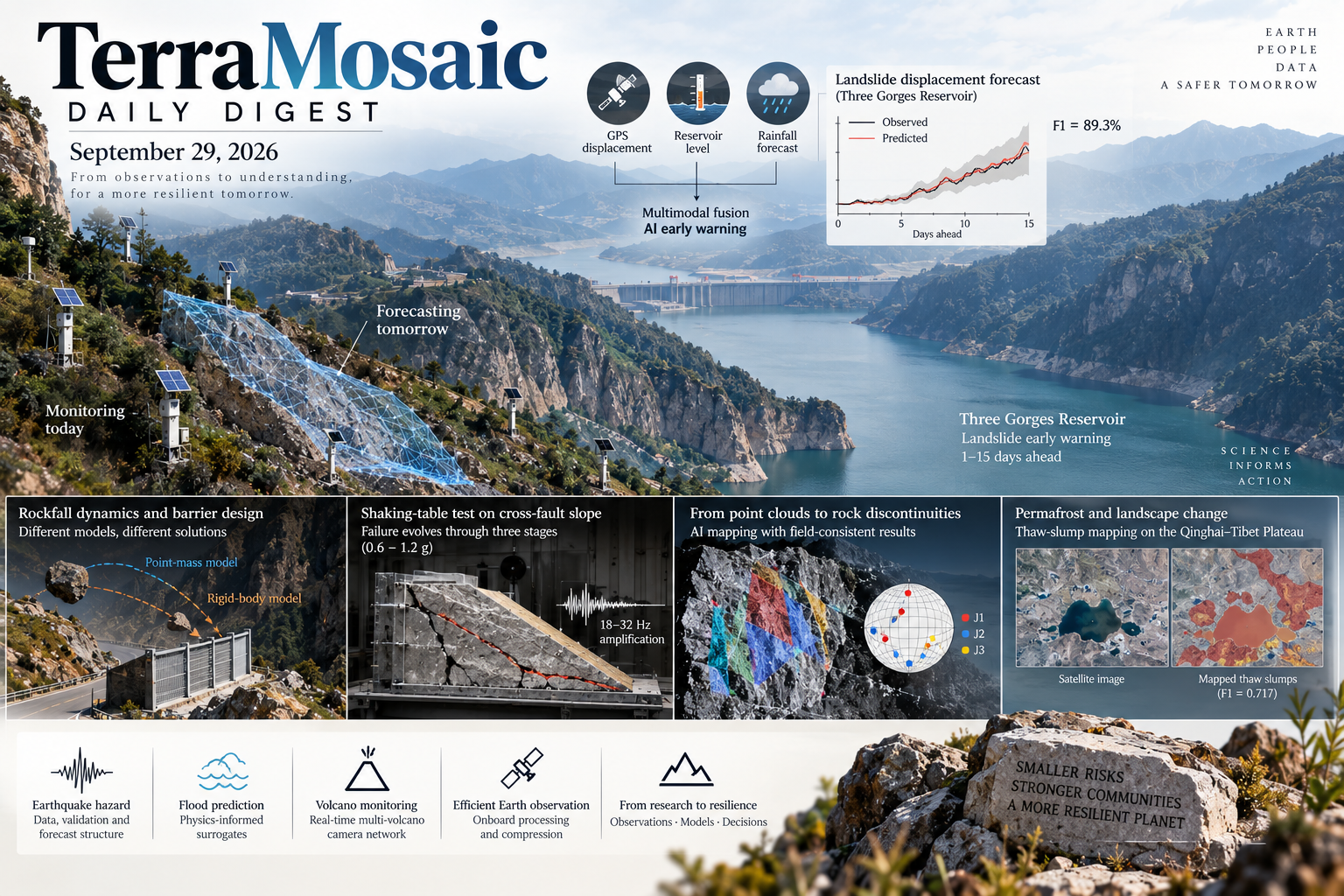 Illustrated September 29, 2026 digest cover showing reservoir landslide early warning, rockfall barriers, seismic slope testing, rock discontinuity mapping and permafrost change.