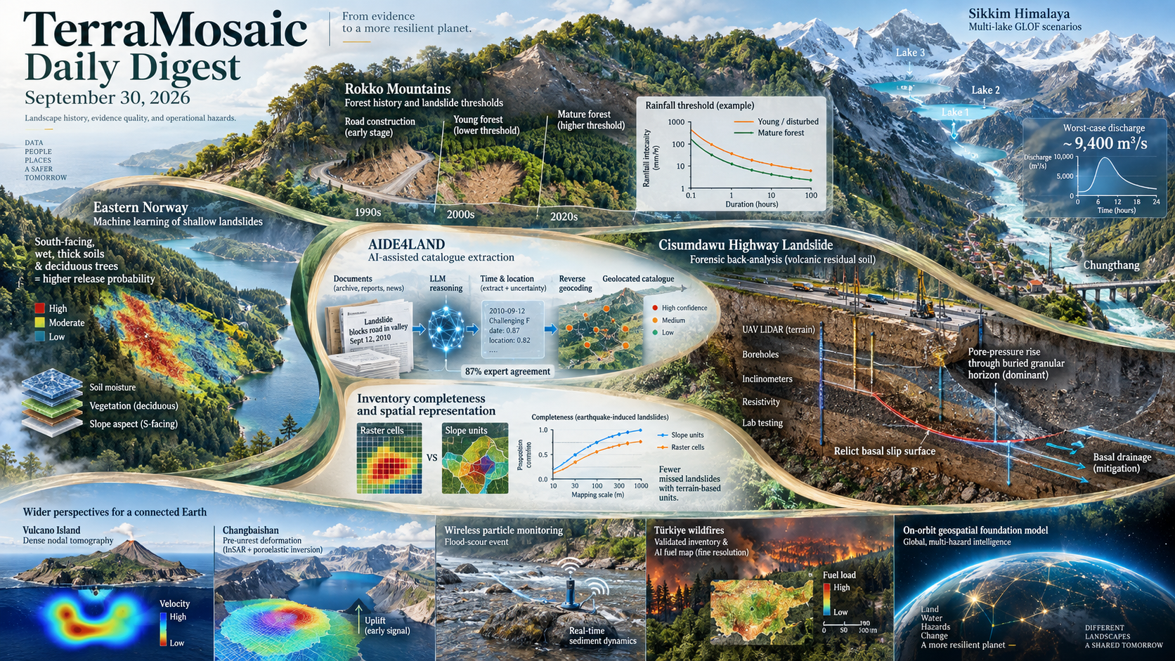 Illustrated September 30, 2026 digest cover showing landslide rainfall thresholds, AI-assisted inventory mapping, highway slope failure, glacial lake outburst floods and Earth observation.