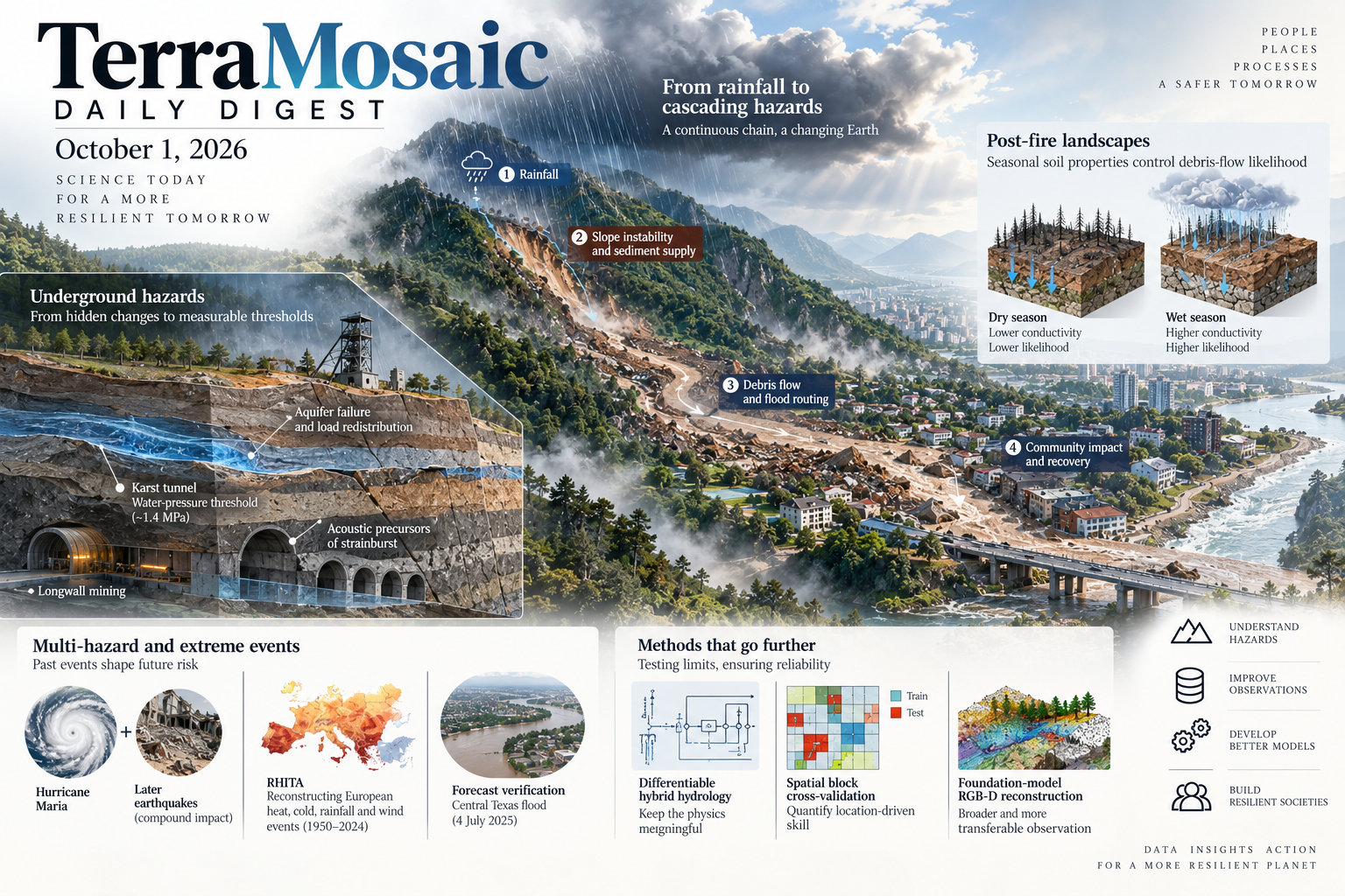 Illustrated October 1, 2026 digest cover showing rainfall-driven cascading hazards, post-fire debris flows, underground hazards, extreme events and community resilience.