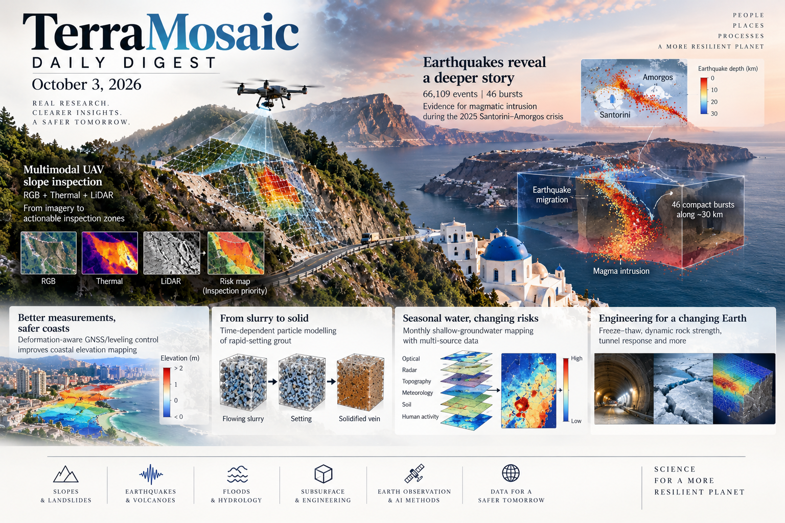 Illustrated October 3, 2026 digest cover showing UAV highway-slope inspection, the Santorini–Amorgos magmatic seismic crisis, coastal elevation monitoring and underground infrastructure response.