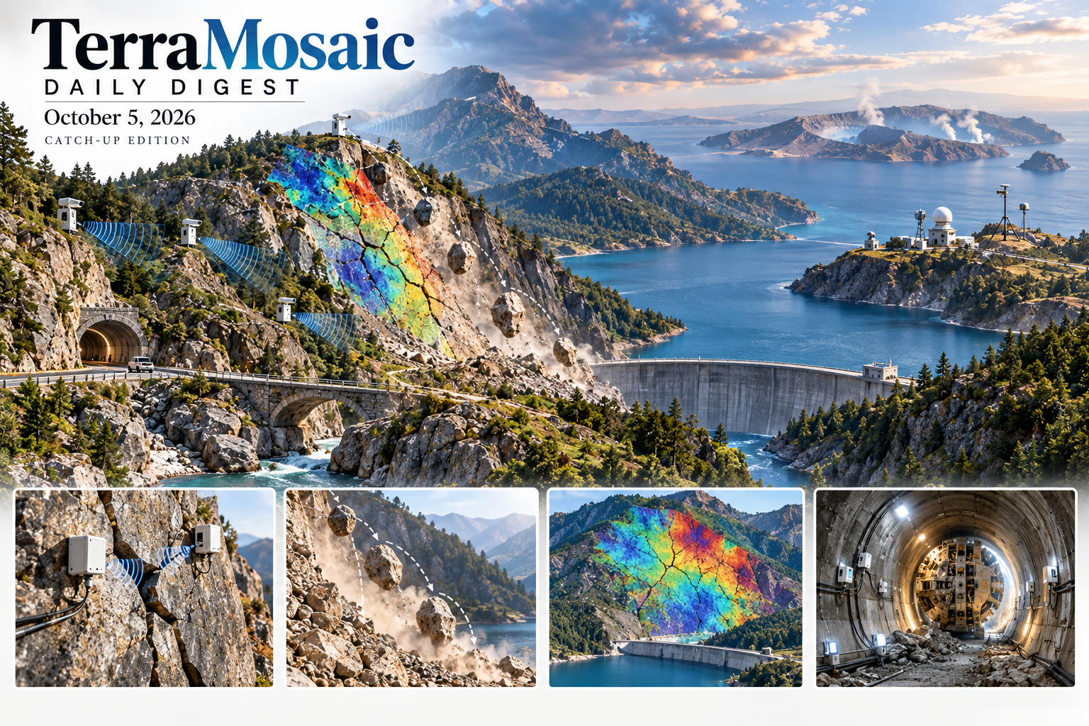Illustrated TerraMosaic October 5, 2026 cover depicting the main slope, monitoring and hydroclimatic research themes of this catch-up issue.