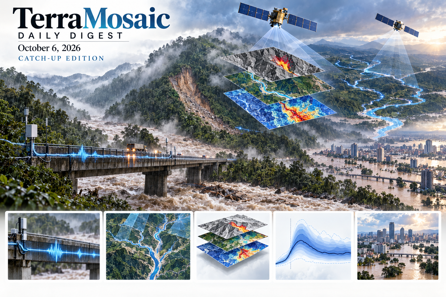 Illustrated TerraMosaic October 6, 2026 cover depicting the main slope, monitoring and hydroclimatic research themes of this catch-up issue.