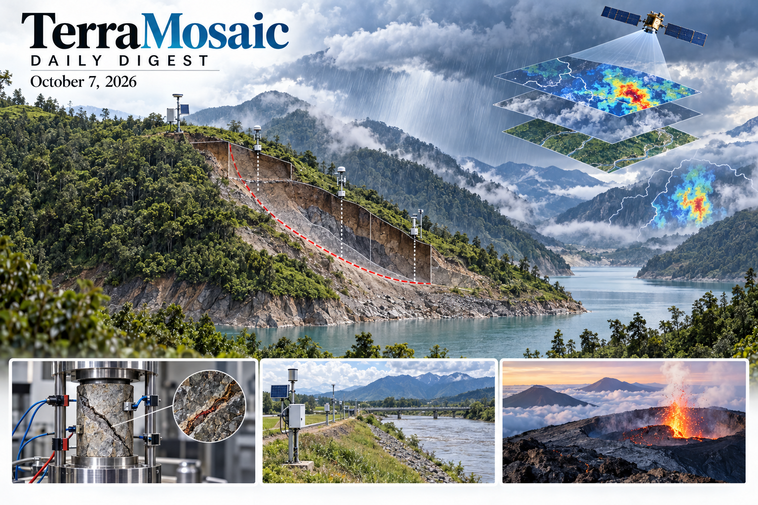 Editorial illustration of reservoir-bank slope monitoring, rainfall observation, laboratory rock-failure monitoring, levee instrumentation and volcanic fountaining for the October 7, 2026 TerraMosaic Digest.