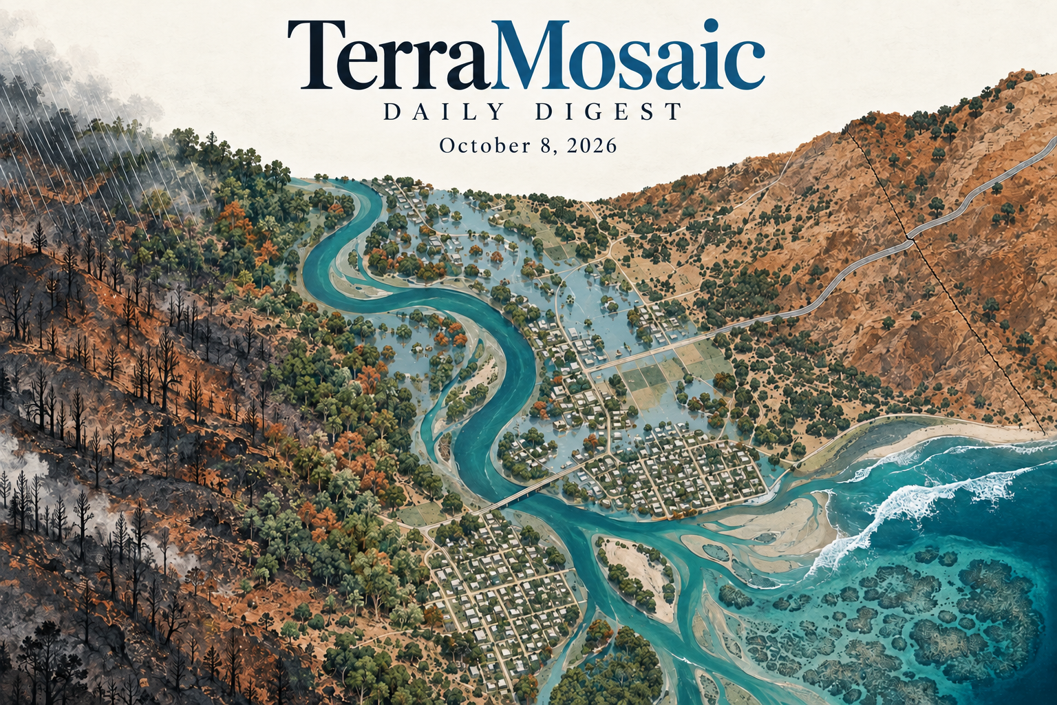 Overhead scientific illustration of a burned catchment, river floodplain settlements, a strike-slip fault and coastal reef for the October 8, 2026 TerraMosaic Digest.
