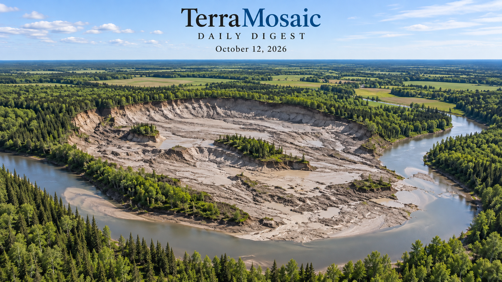 Conceptual aerial illustration of a retrogressive sensitive-clay riverbank landslide and river blockage in a low-relief Canadian landscape for the October 12, 2026 TerraMosaic Digest.
