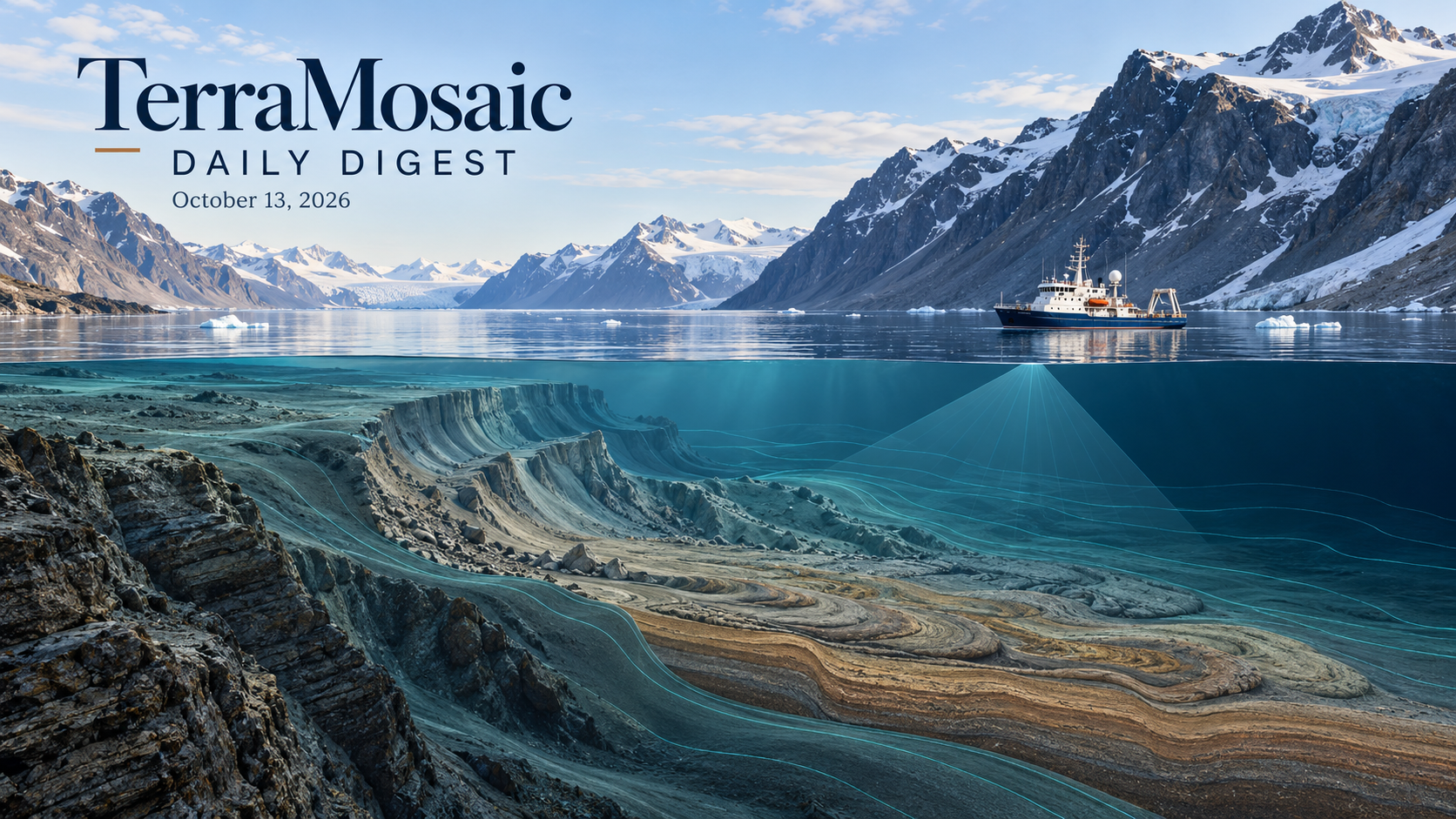 Conceptual Arctic fjord cutaway illustrating an ancient submarine landslide deposit and bathymetric survey for the October 13, 2026 TerraMosaic Digest.
