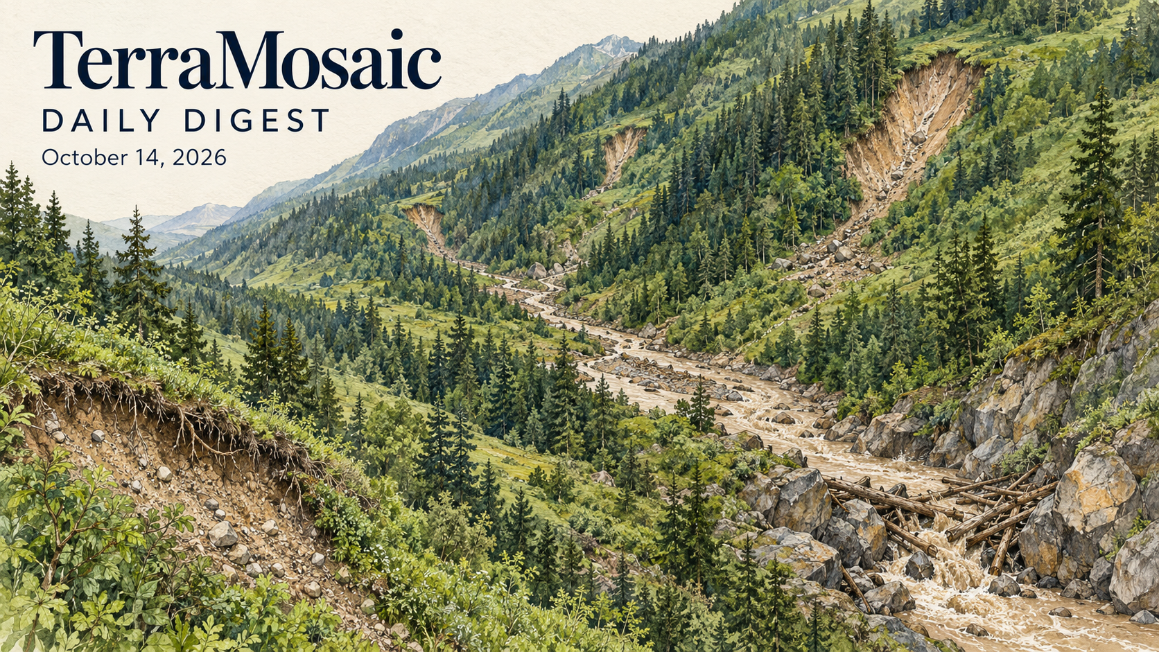 Conceptual forested catchment showing shallow landslide scars, debris-flow routing and woody blockage for the October 14, 2026 TerraMosaic Digest.