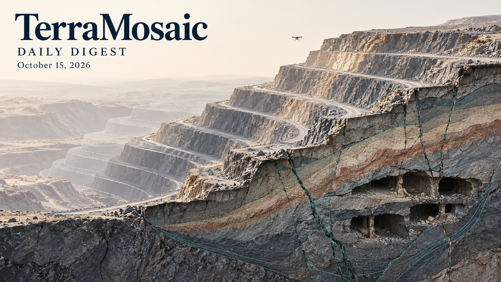 Conceptual geological cutaway of a benched open-pit slope, legacy underground voids and a planned excavation outline for the October 15, 2026 TerraMosaic Digest.