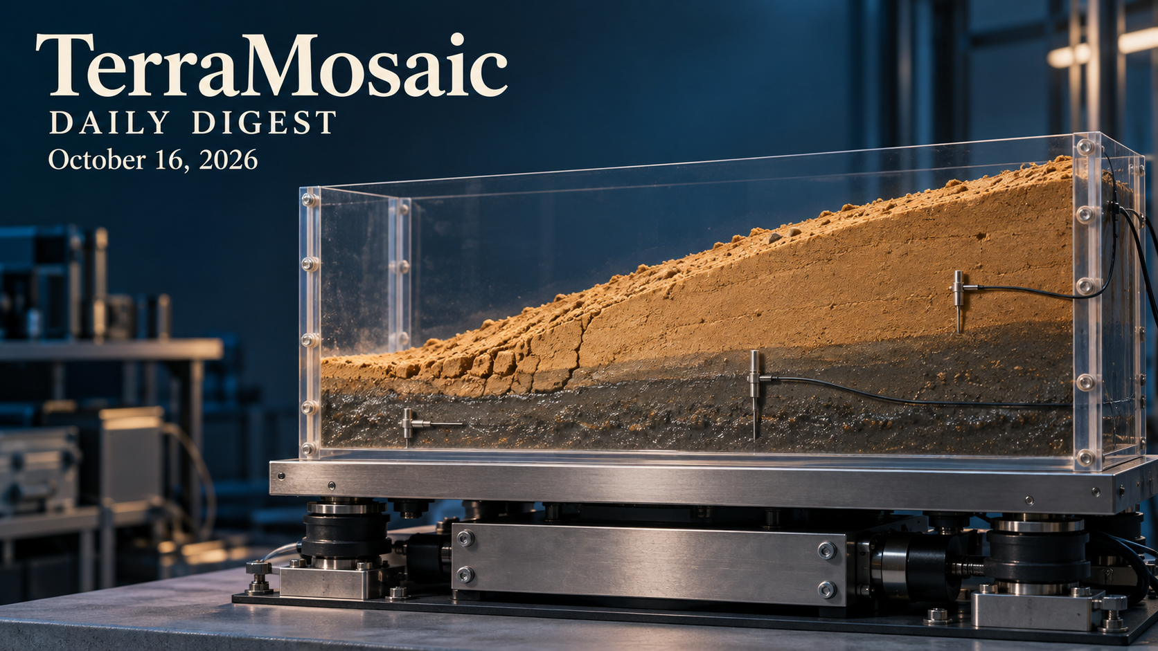 Conceptual shaking-table soil tank illustrating a gentle loess slope above a saturated layer for the October 16, 2026 TerraMosaic Digest.