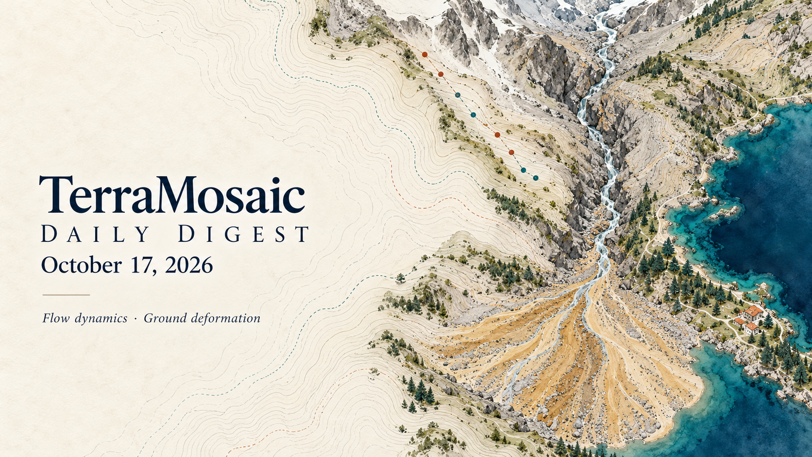 Conceptual cartographic illustration of an alpine debris-flow fan, topographic contours and ground-deformation markers for the October 17, 2026 TerraMosaic Digest.