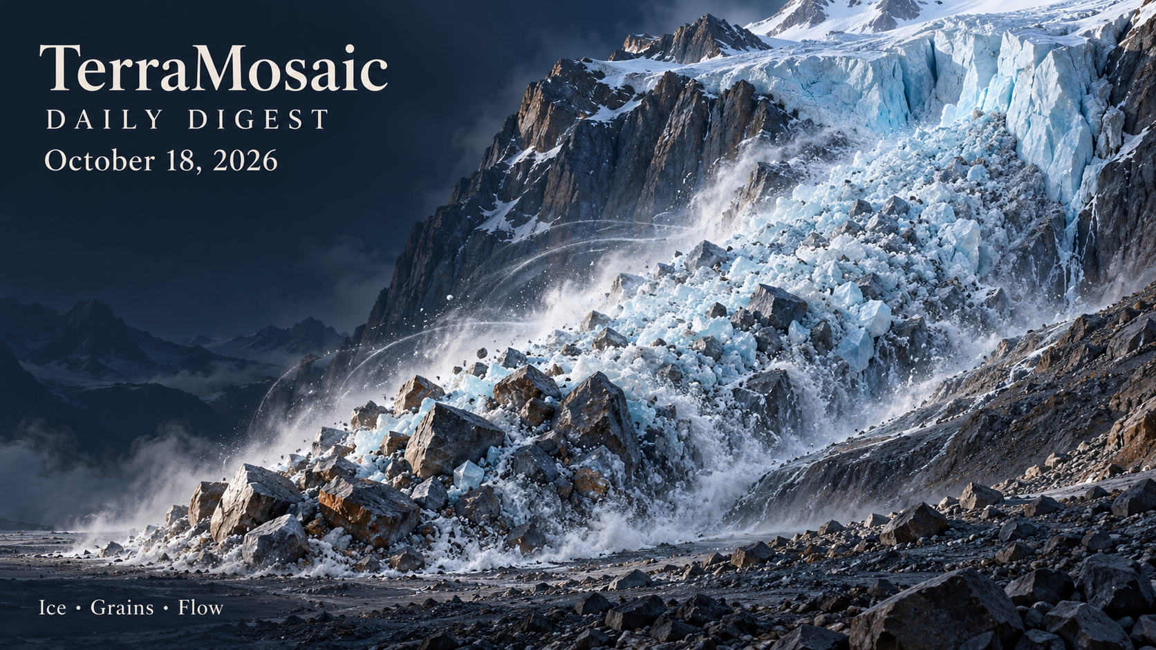 Conceptual illustration of a debris–ice avalanche, coarse rocky front and ice-rich tail for the October 18, 2026 TerraMosaic Digest.