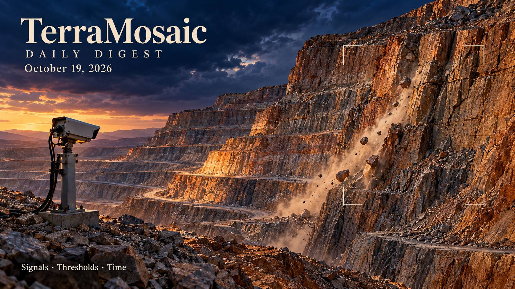Conceptual illustration of a monitoring camera observing rockfall activity on a jointed open-pit slope for the October 19, 2026 TerraMosaic Digest.