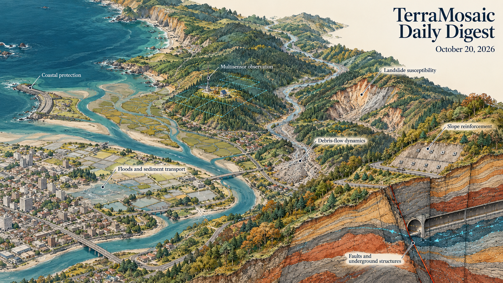 Axonometric geological atlas illustrating landslide susceptibility, slope reinforcement, debris-flow and flood processes, fault-crossing underground structures, coastal protection and multisensor observations.