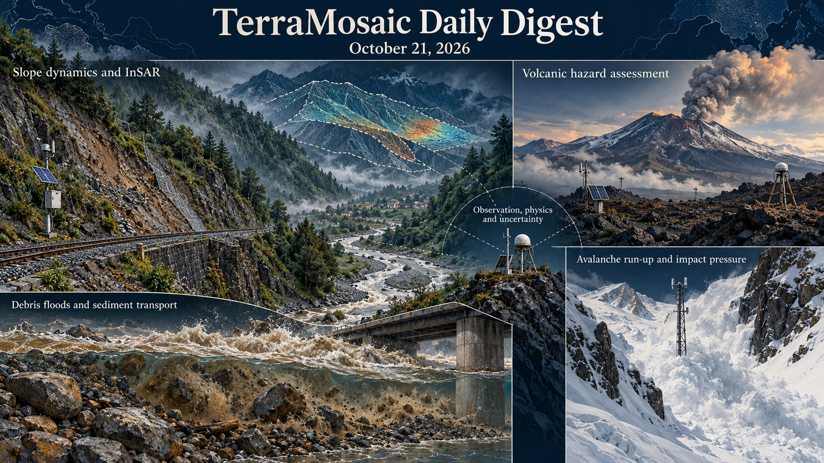 Scientific illustrated cover linking railway-slope monitoring, debris-flood sediment transport, volcanic hazard assessment and snow-avalanche impact mechanics.