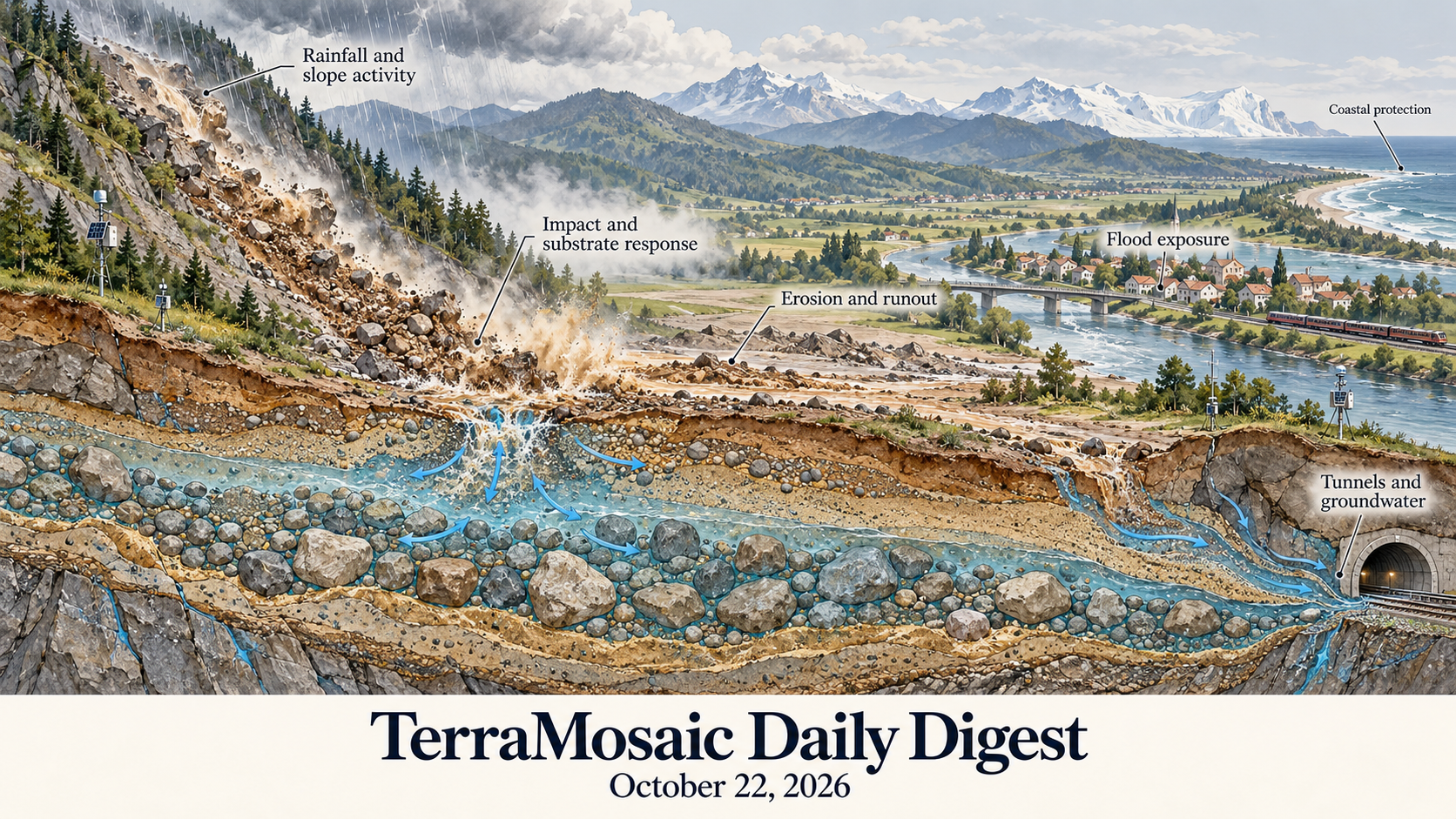 Conceptual scientific section illustrating landslide impact on saturated alluvium, erosion and runout, rainfall-related slope activity, flood exposure and tunnel groundwater.